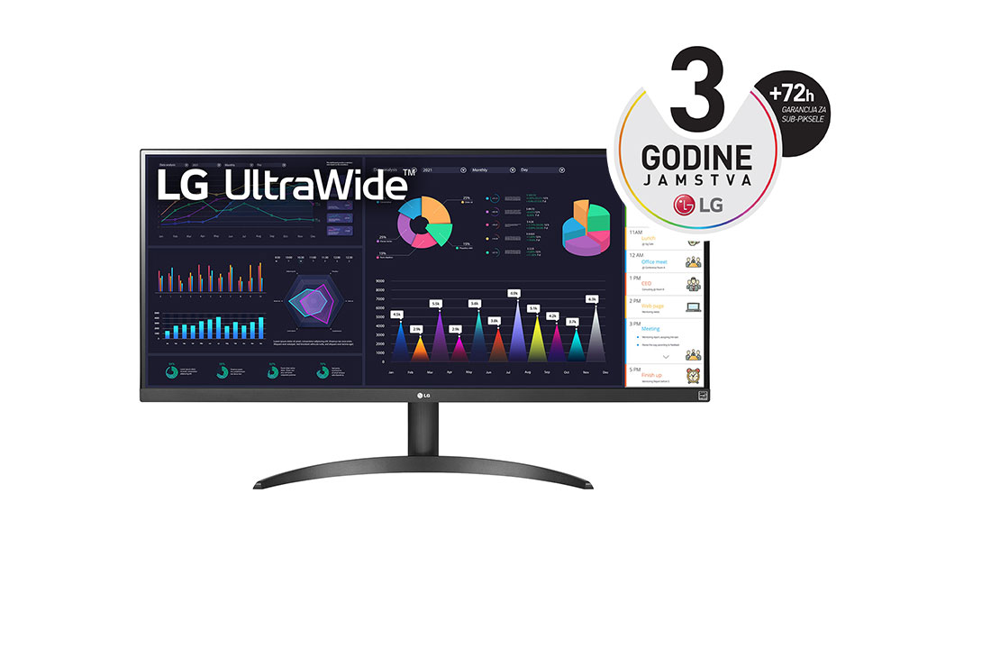 LG 34'' UltraWide? IPS monitor omjera 21:9 s brzinom osvje?avanja od 100 Hz, prikaz prednje strane, 34WQ500-B